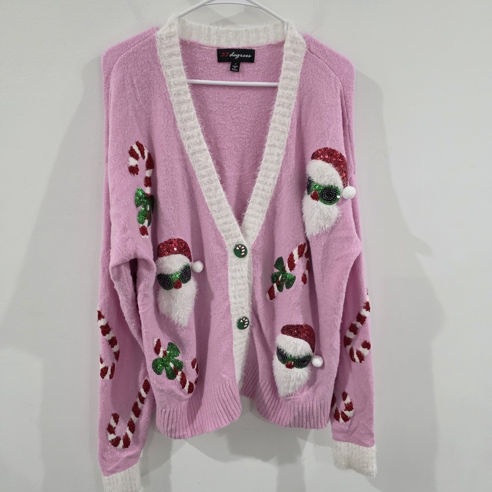 33 Degrees Womens Ugly Christmas Sweater Cardigan Size Small Candy Canes Pink